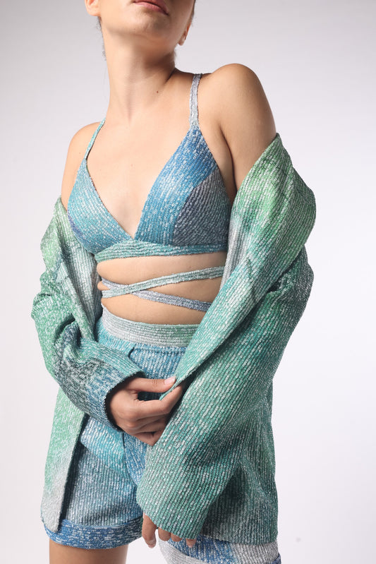 Printed Sequin Top, Shorts, And Jacket