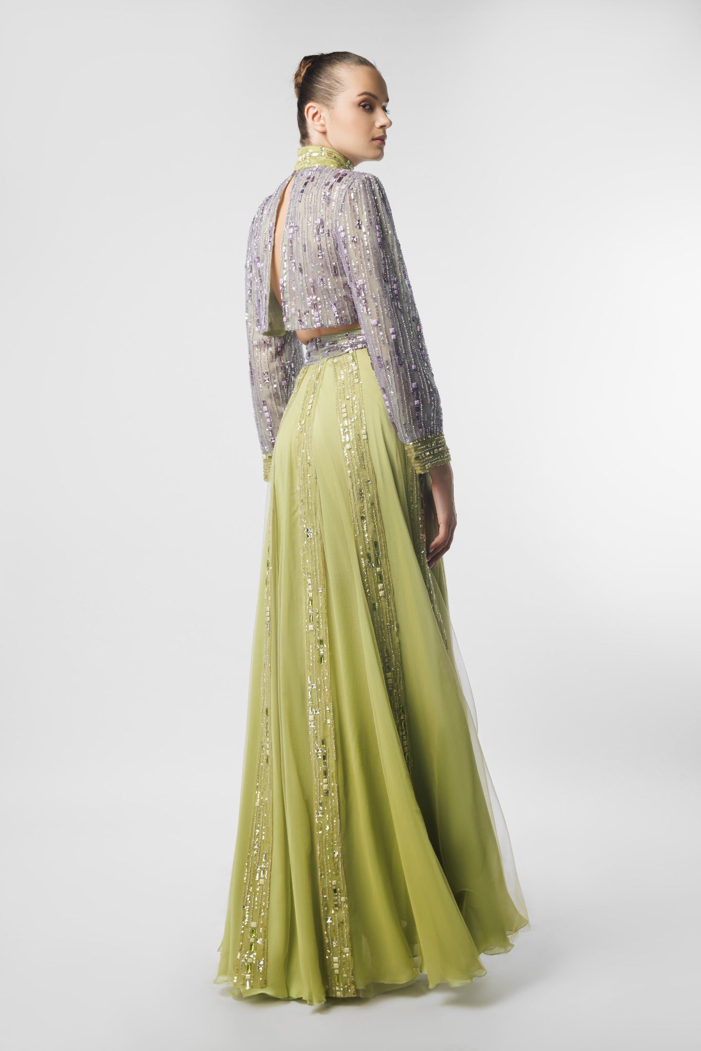 Long Sleeve Embellished High Neck with Pleated Embellished Skirt