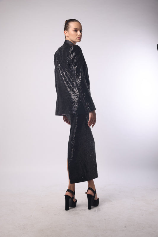 Sequin Blazer with Satin Collar & Sequin Skirt