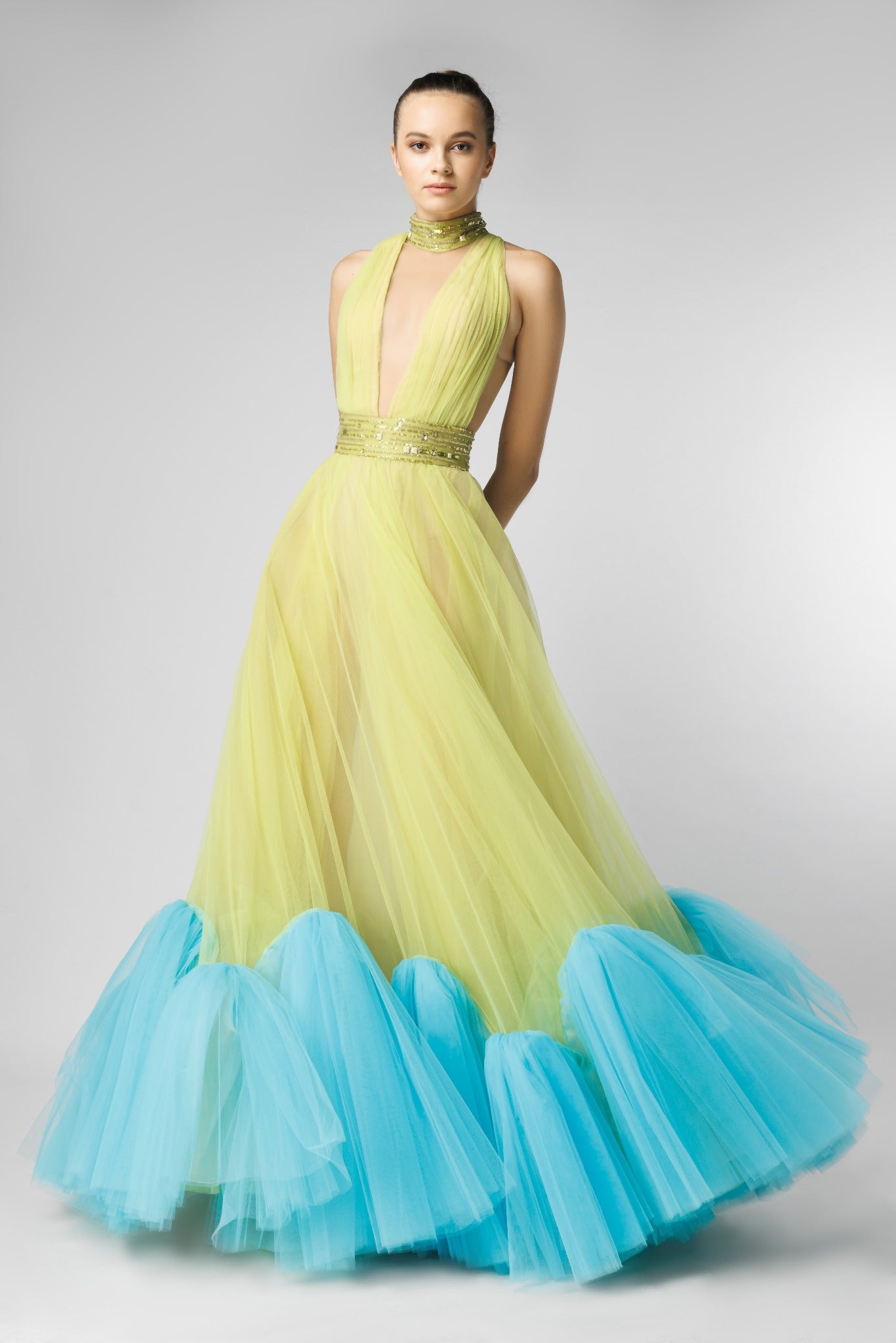 Green & Blue Plunging Neck Tulle Dress