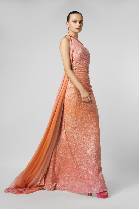 One Shoulder Printed  Evening Dress With Train