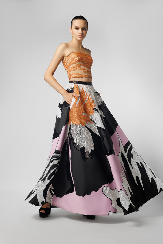 Orange Corset Top With Multi Patched Skirt