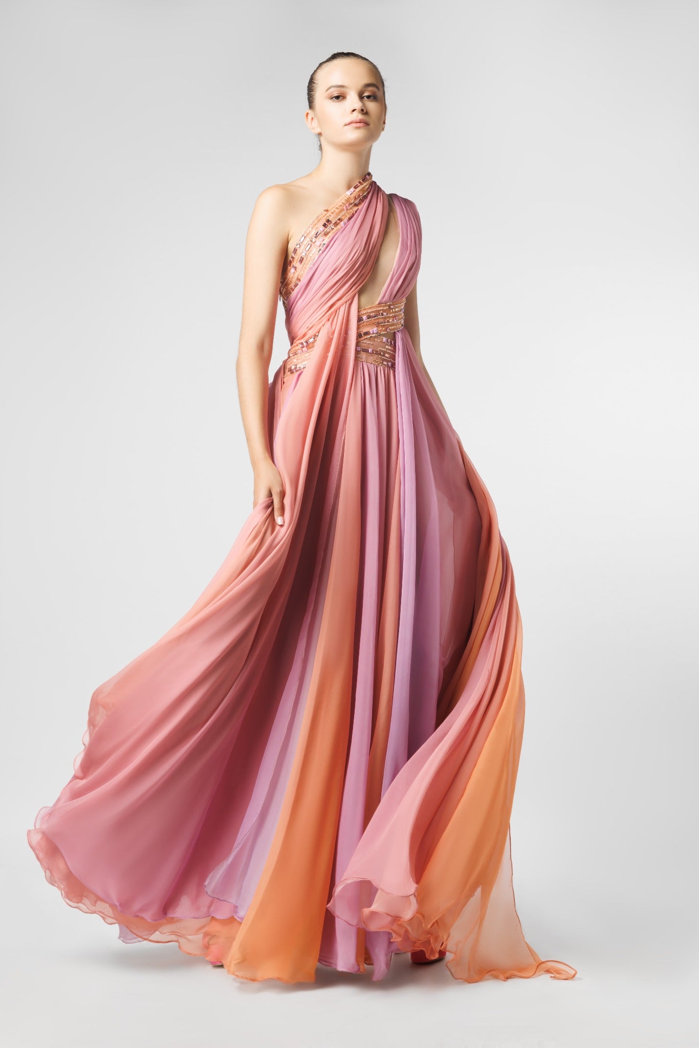 Pleated One Shoulder Printed Evening Dress With Slit