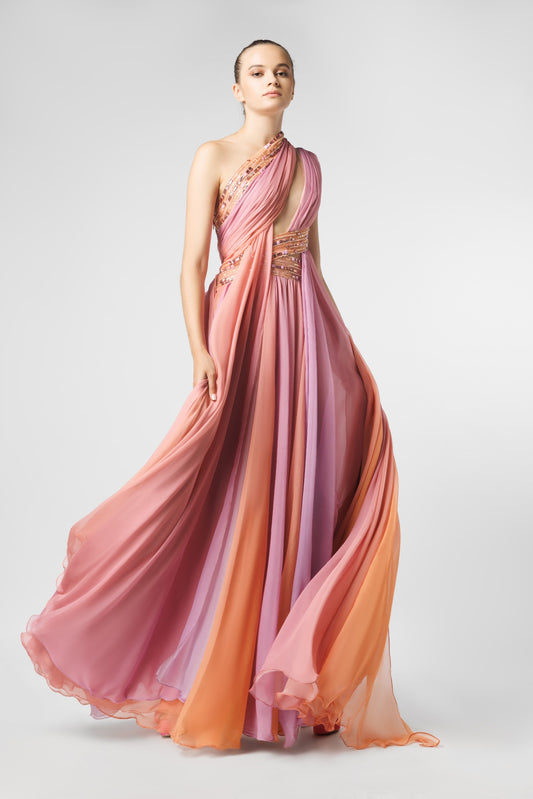 Pleated One Shoulder Printed Evening Dress With Slit