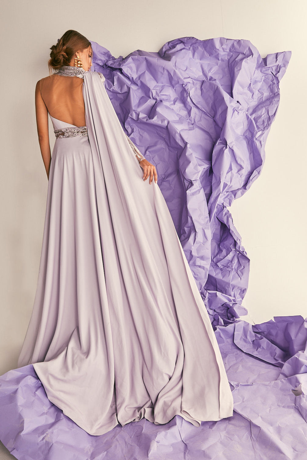 Lilac Column Gown with Embroidered Sleeve