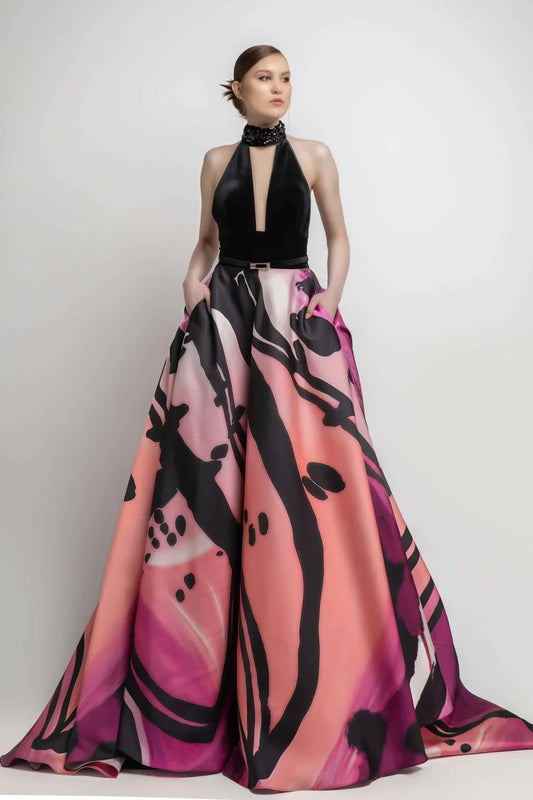 Printed Halter Neck Gown