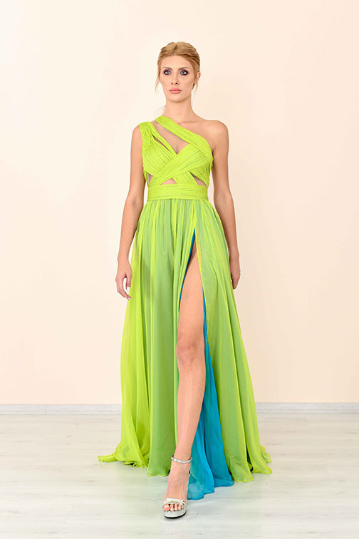 Cutout One Shoulder Pleated Slit Gown