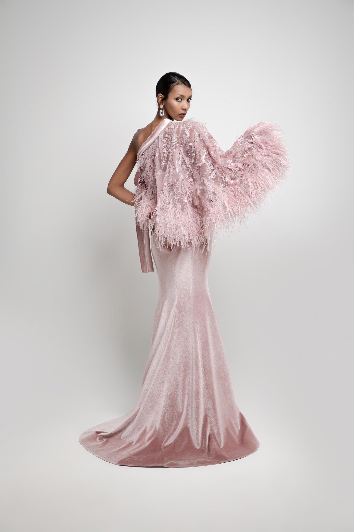 Pink Fitted Dress With Feather Embroidered Half Cape