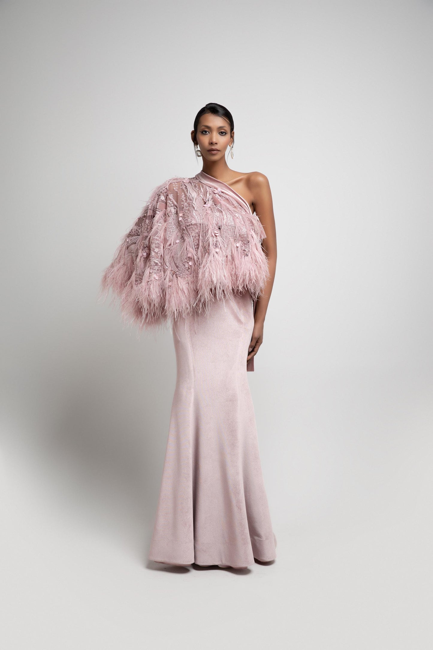 Pink Fitted Dress With Feather Embroidered Half Cape