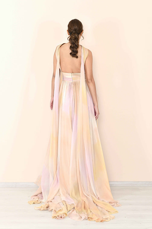 Printed Pleated Slit Gown