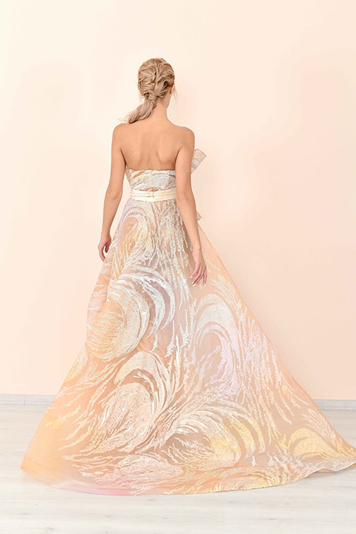 Printed Strapless Sculpted Slit Gown