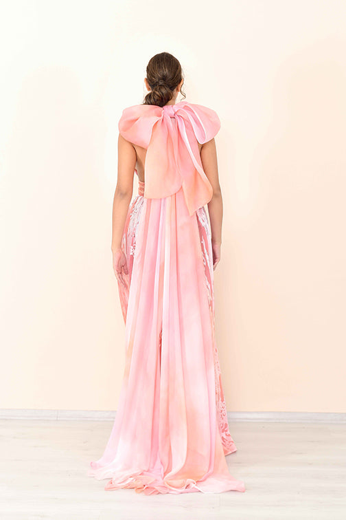 Printed Deep V Slit Gown