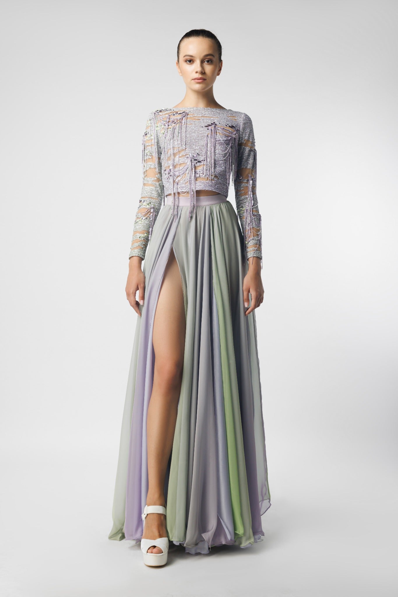 Embellished Long Sleeve Top with Chiffon Printed Skirt