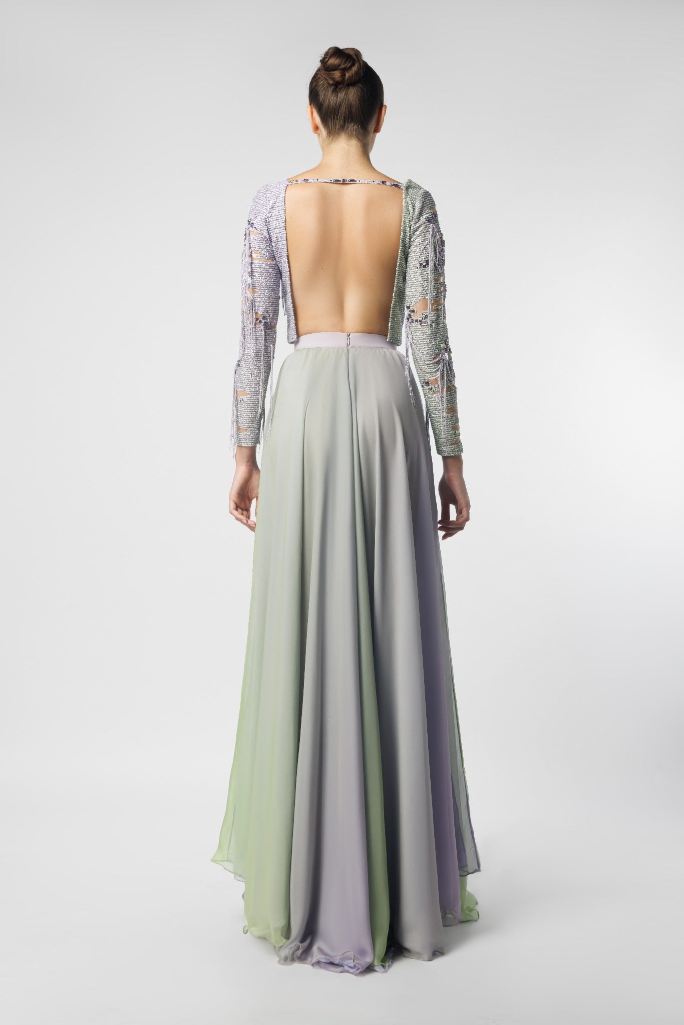 Embellished Long Sleeve Top with Chiffon Printed Skirt