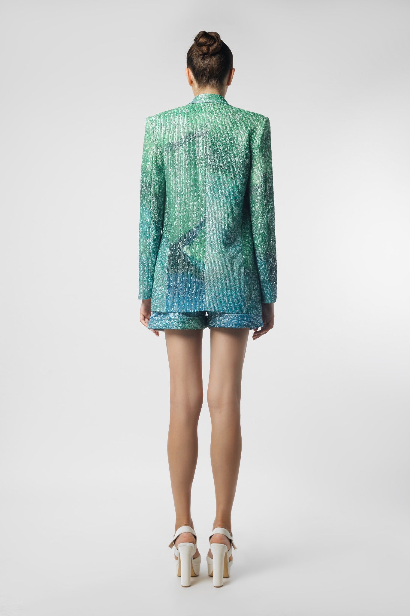 Printed Sequin Top, Shorts, And Jacket