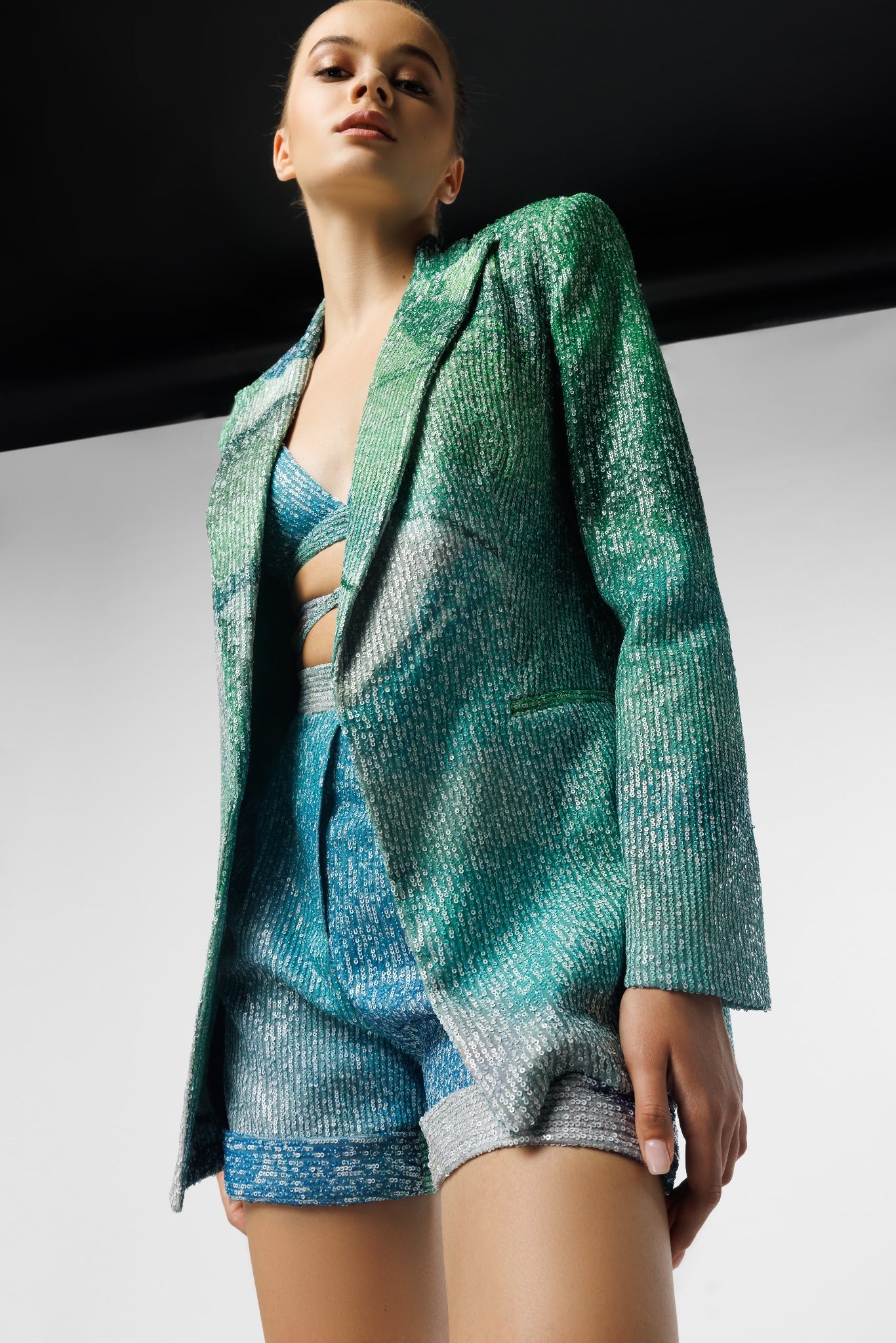 Printed Sequin Top, Shorts, And Jacket