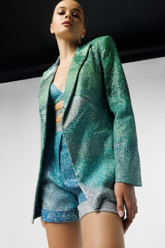 Printed Sequin Top, Shorts, And Jacket