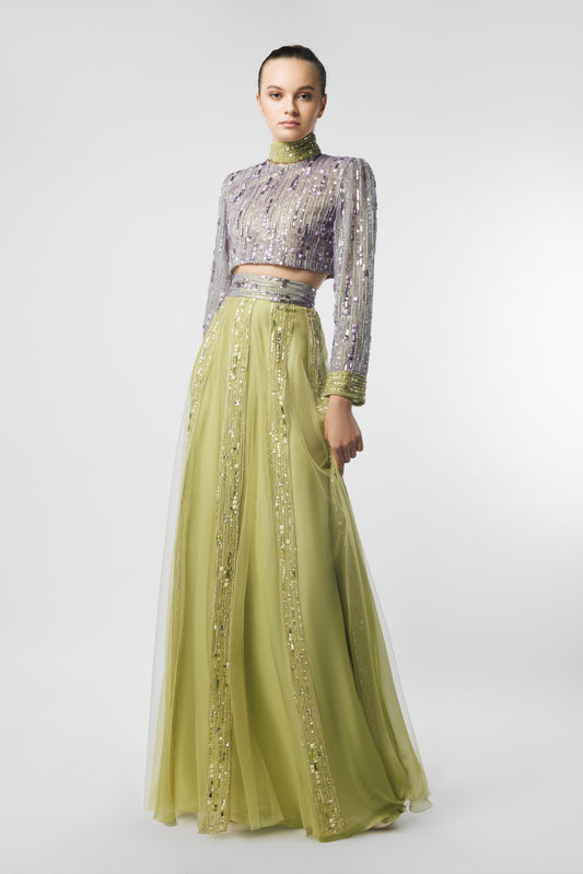 Long Sleeve Embellished High Neck with Pleated Embellished Skirt