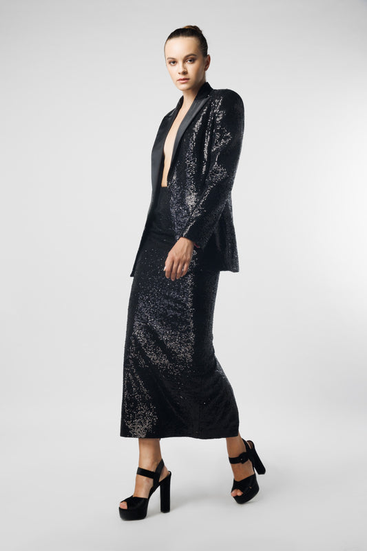 Sequin Blazer with Satin Collar & Sequin Skirt