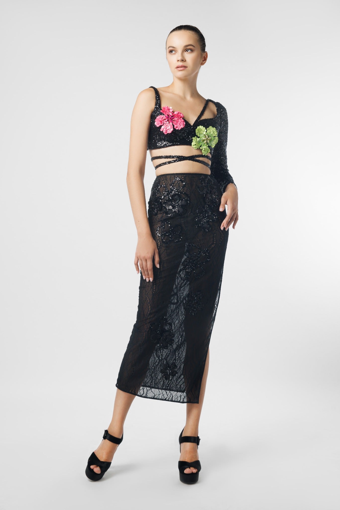 Asymmetrical Sequin Crop Top & Lace Skirt with Sequin