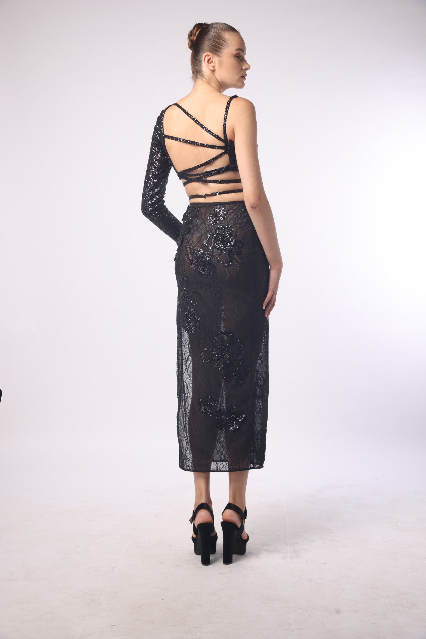 Asymmetrical Sequin Crop Top & Lace Skirt with Sequin