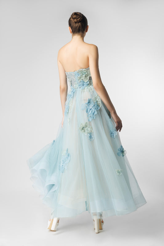 Embroidered Strapless Tea-Length with Floral Embellishment Dress