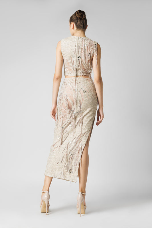 Embellished Sleeveless Top With Skirt