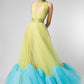 Green & Blue Plunging Neck Tulle Dress