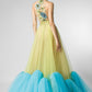 Green & Blue Plunging Neck Tulle Dress