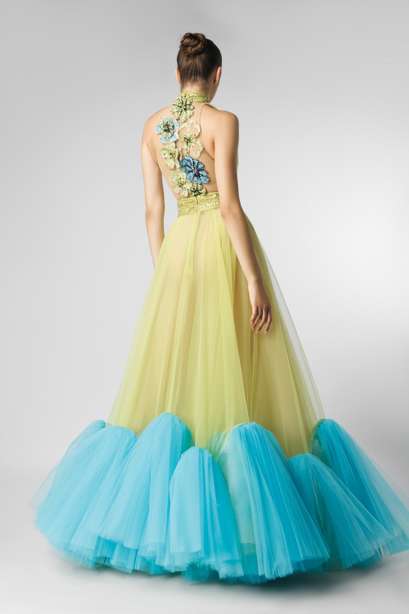 Green & Blue Plunging Neck Tulle Dress