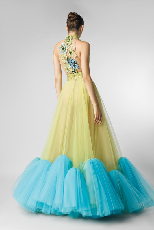 Green & Blue Plunging Neck Tulle Dress