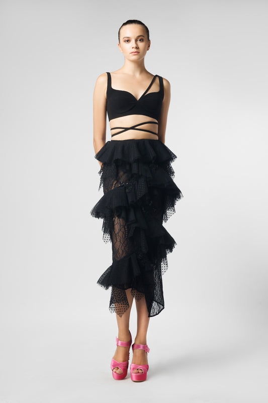 Asymmetrical  Black Crop Top & Black Layered Ruffle Skirt