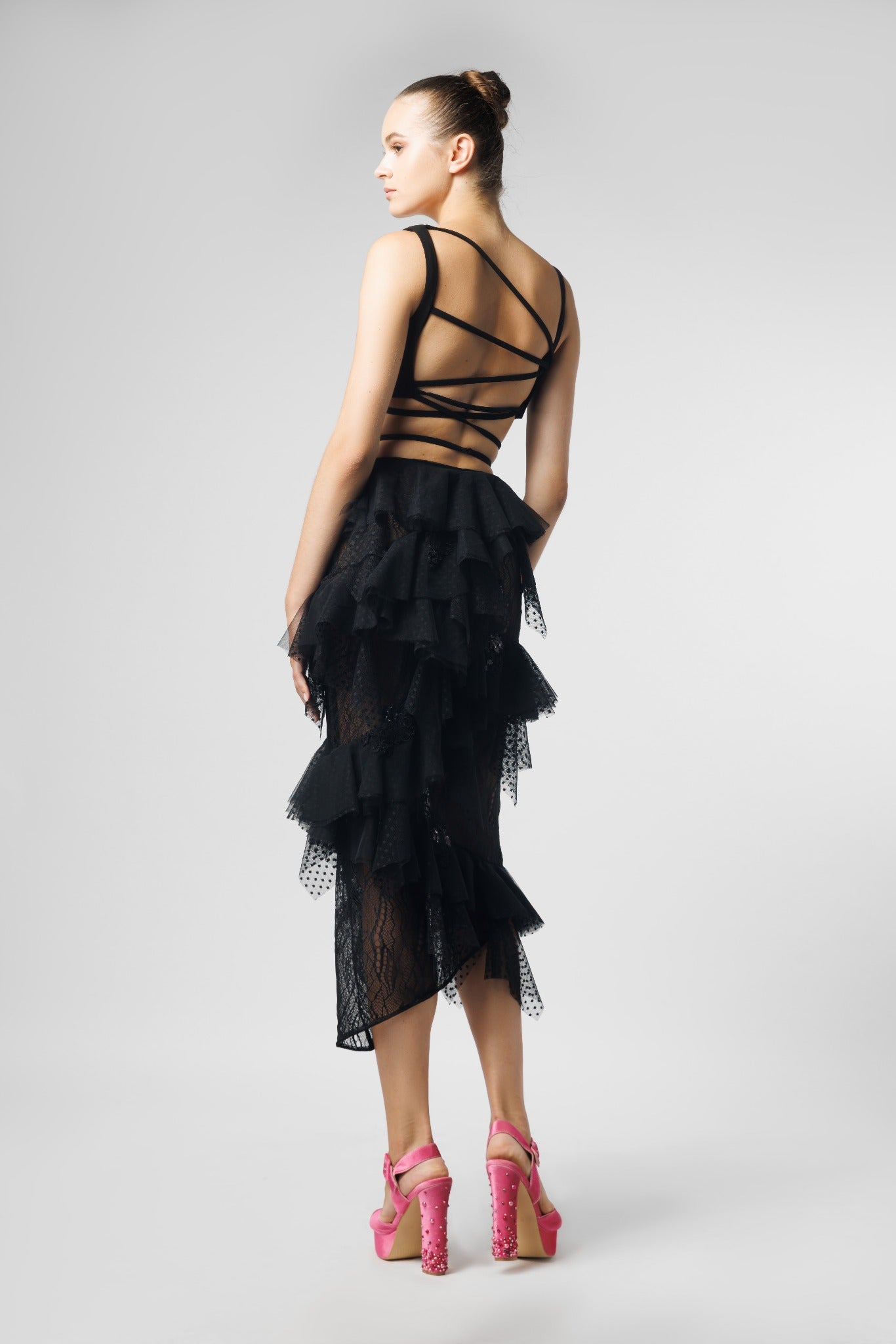 Asymmetrical  Black Crop Top & Black Layered Ruffle Skirt