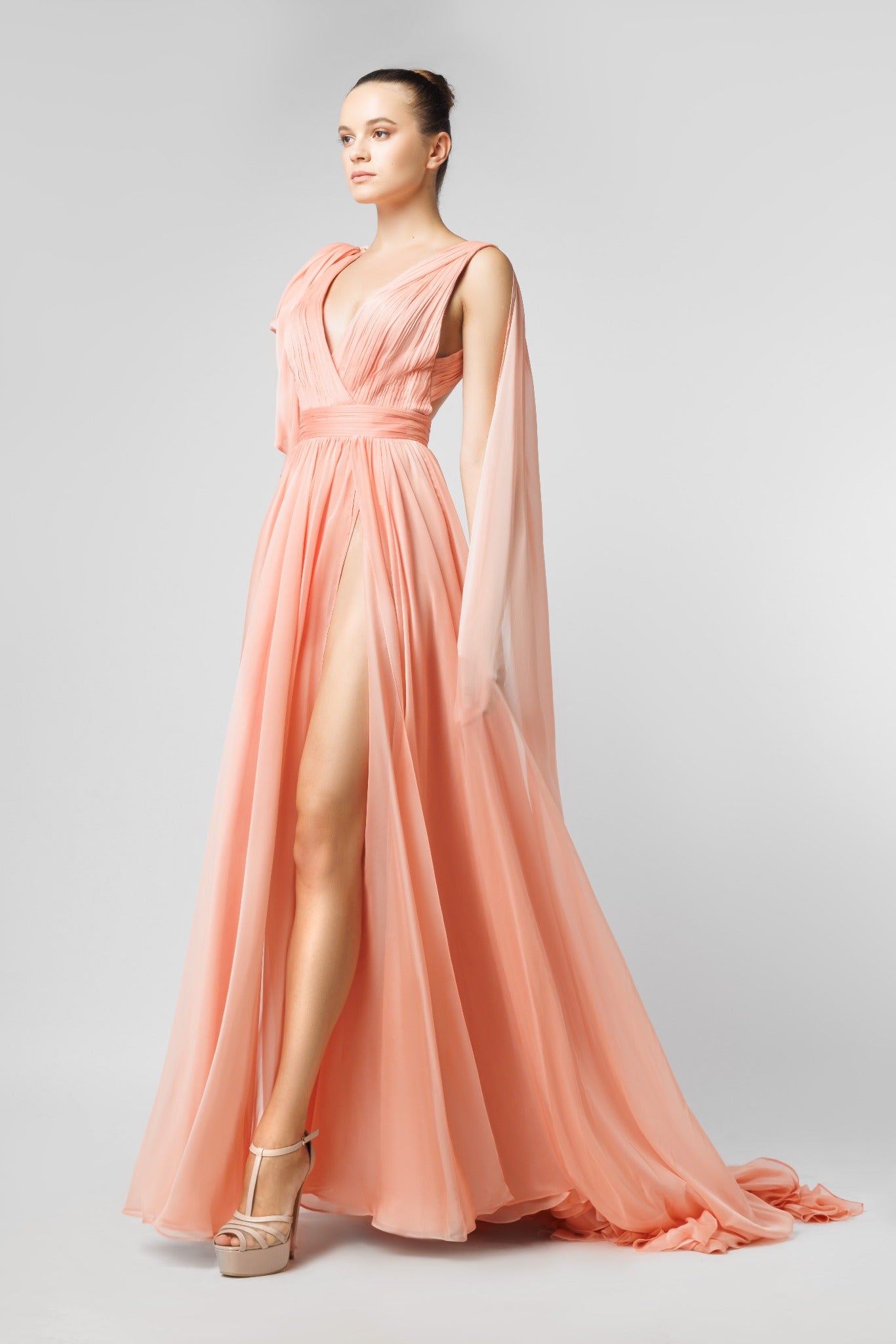 Draped Shoulder Evening Dress With Slit