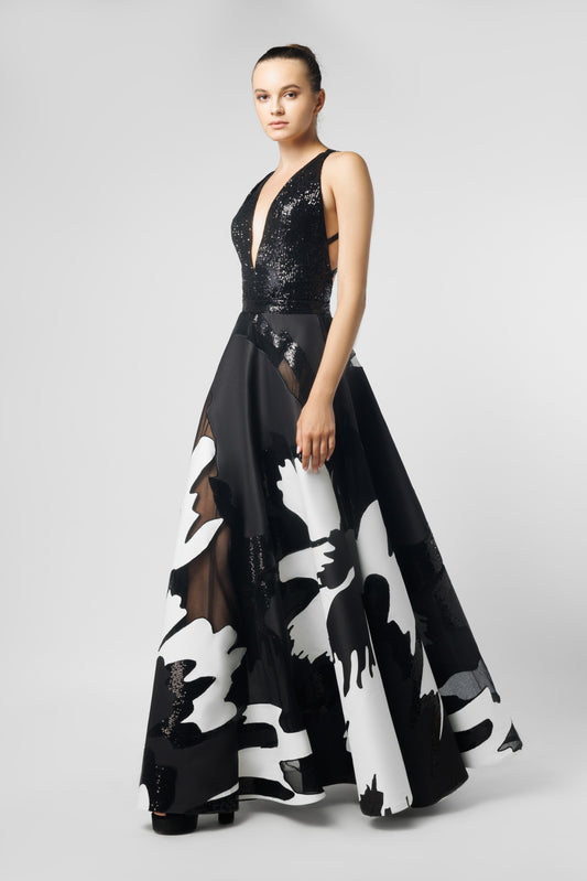 Embellished Deep V-Neck Top With Patched Black & White Skirt