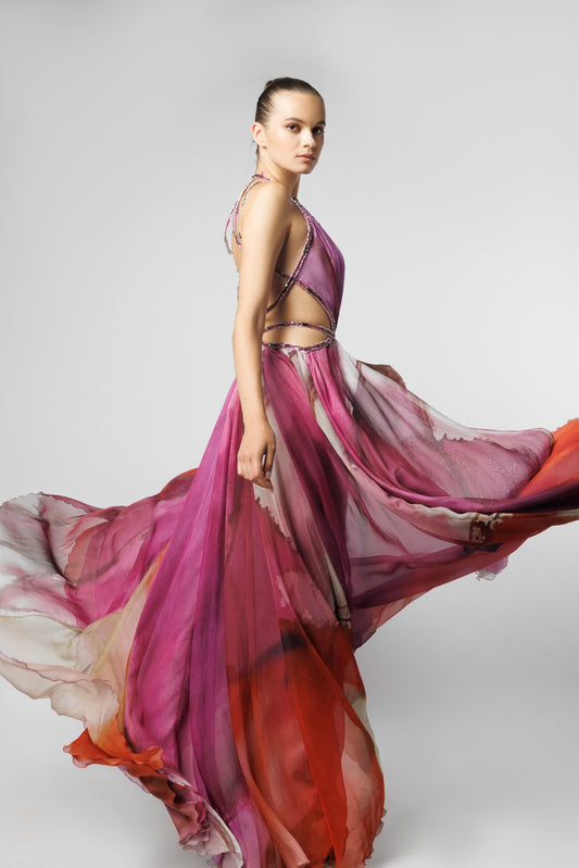 Printed Embellished Cut Out Dress