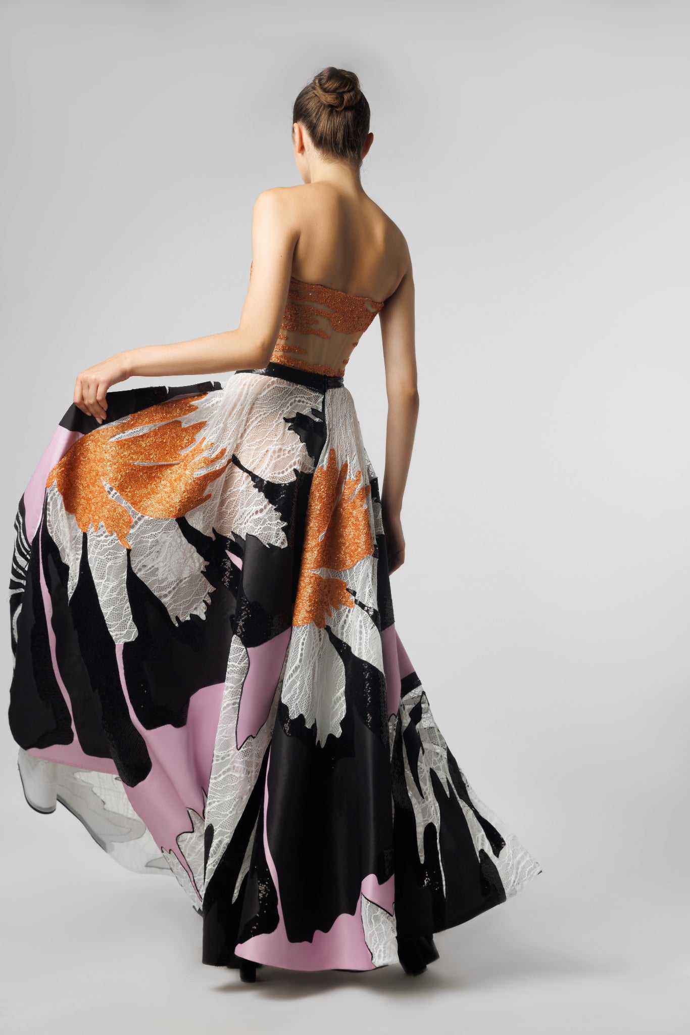 Orange Corset Top With Multi Patched Skirt