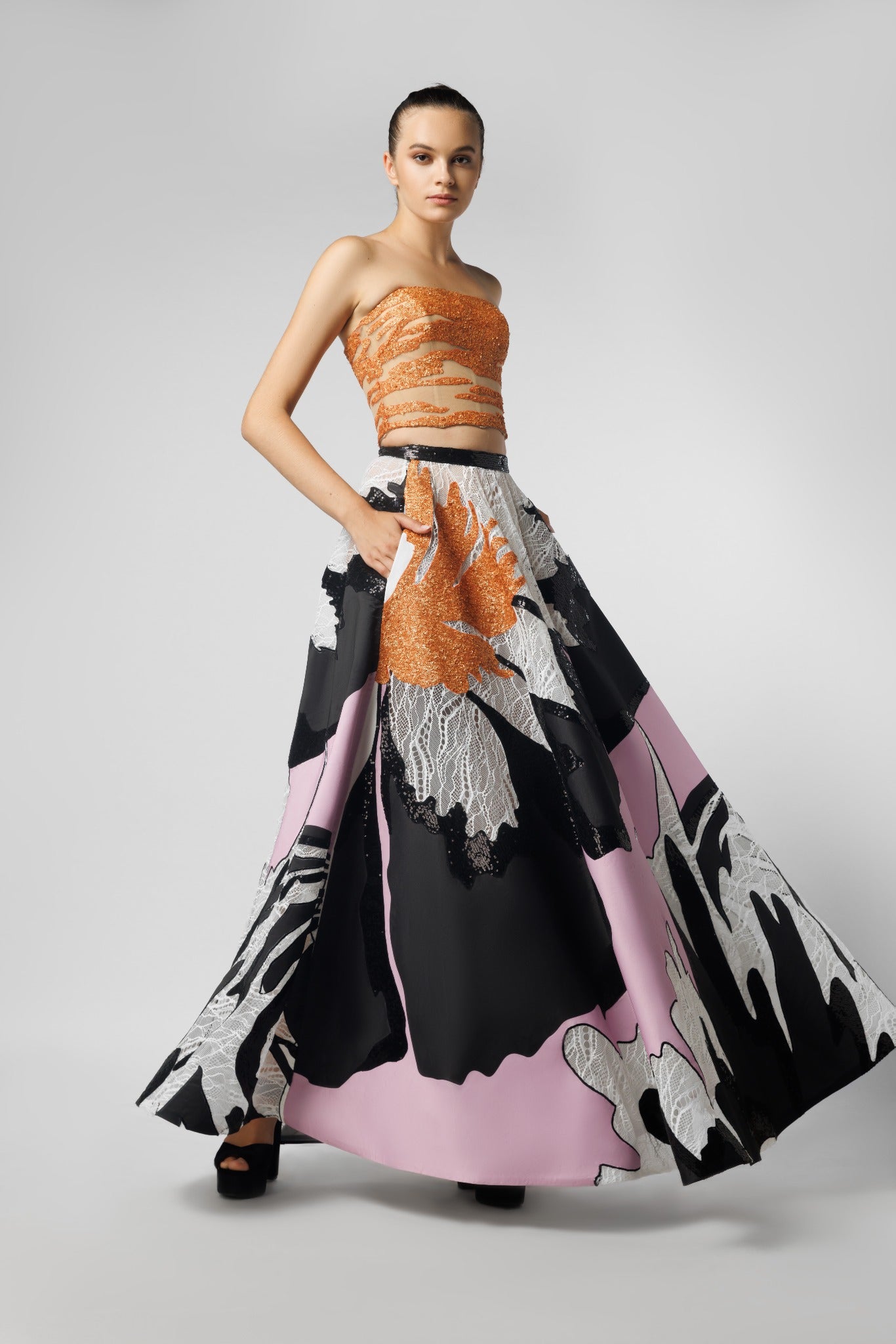 Orange Corset Top With Multi Patched Skirt