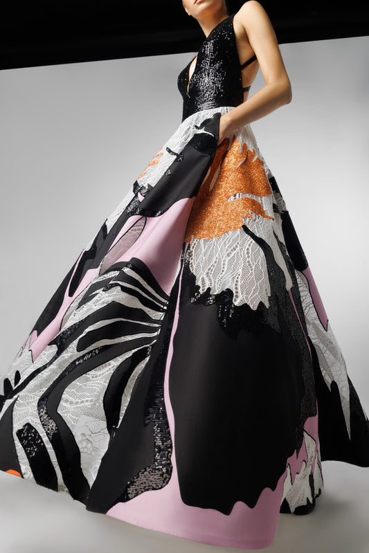 Deep V Neck Bodice Top With Multi Patched Skirt