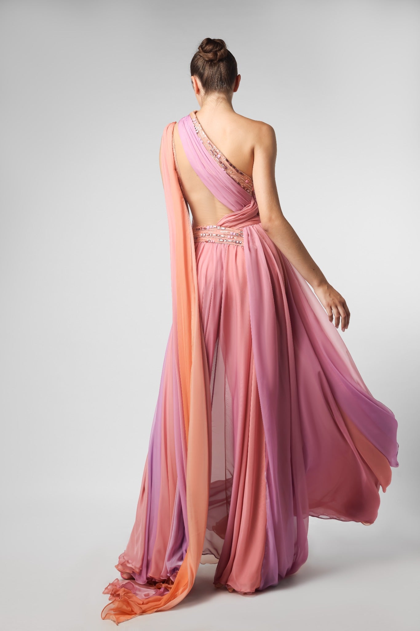 Pleated One Shoulder Printed Evening Dress With Slit