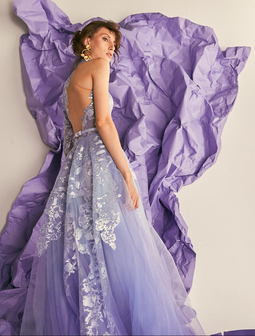 High Neck A-Line Embroidered Gown