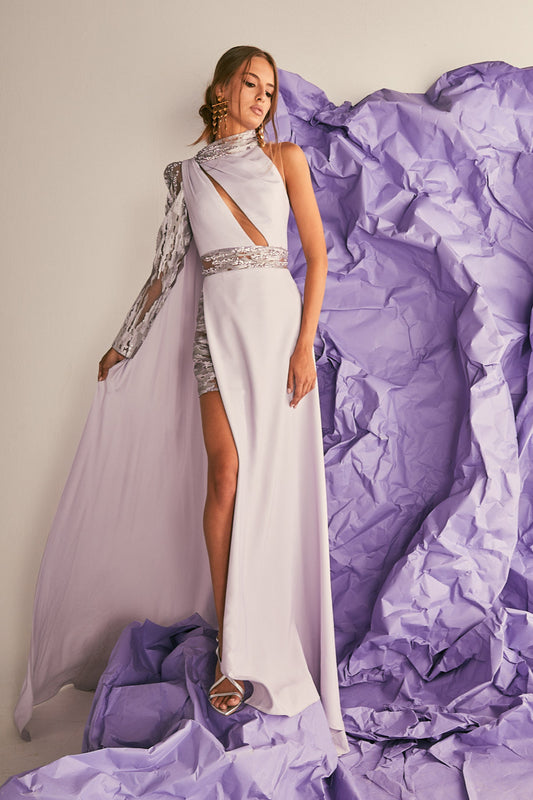 Lilac Column Gown with Embroidered Sleeve