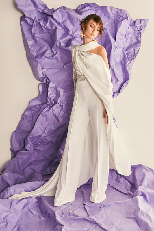 White Jumpsuit with Embroidered Sleeve